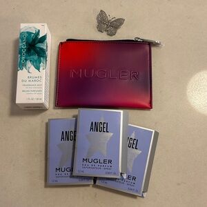 Mugler & Moroccan oil 🩷&💜pouch 3 Angle sprays 💎 🦋 brooch,